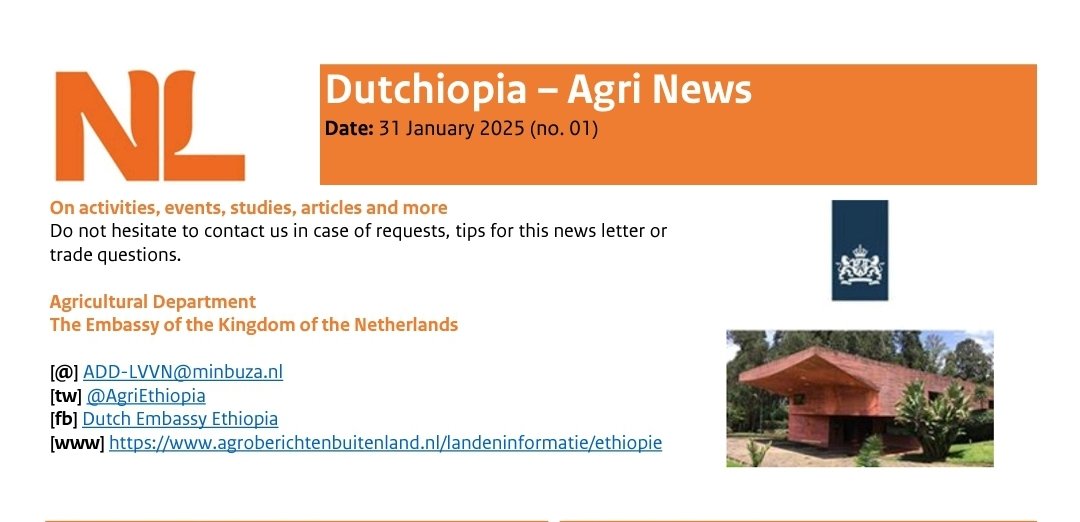 📣 🛎 Hurray!! The first edition of 2025 #Dutchiopia Agri News #newsletter ! Have you read it yet? If not, then read the news on our website agroberichtenbuitenland.nl/landeninformat…
or sign up via ADD-LVVN@minbuza.nl <a href="/AgroBericht/">AgroberichtenBuitenland</a> <a href="/NLinEthiopia/">NL Embassy Ethiopia</a> <a href="/ehpeaorg/">Ethiopian Horticulture Producer Exporters Assoc</a>