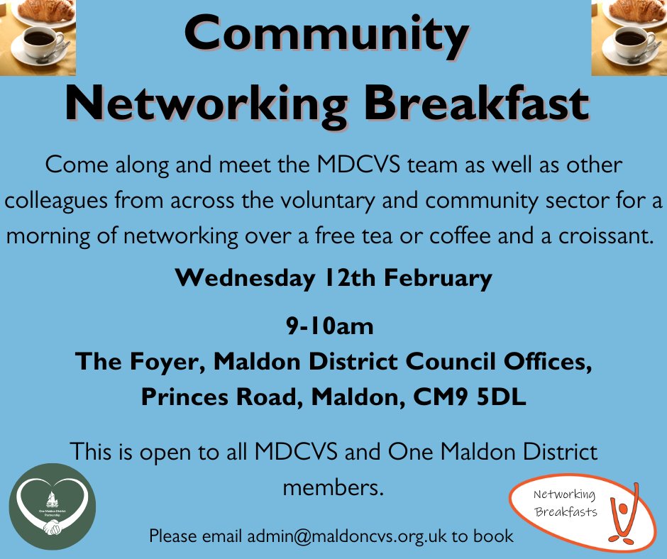 Maldon District CVS (@maldoncvs) on Twitter photo We're holding our next networking social tomorrow 9-10am at Maldon District Council Offices. Come along for a morning of networking over a free tea, coffee and croissant. This event is open to our members and One Maldon District members. Book by emailing admin@maldoncvs.org.uk We're holding our next networking social tomorrow 9-10am at Maldon District Council Offices. Come along for a morning of networking over a free tea, coffee and croissant. This event is open to our members and One Maldon District members. Book by emailing admin@maldoncvs.org.uk