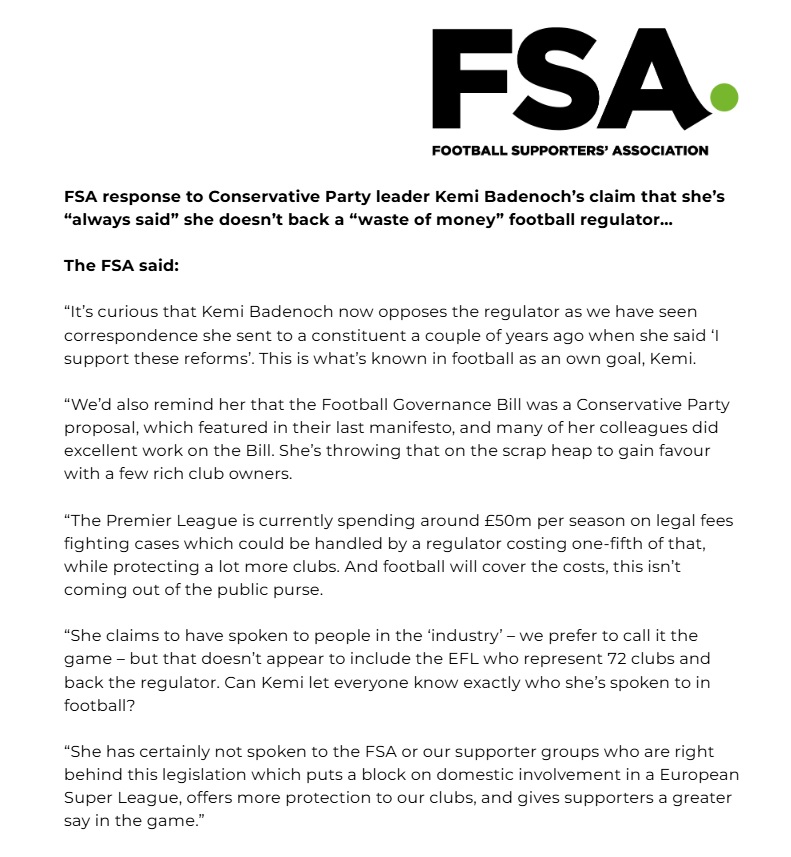 WeAreTheFSA's tweet photo. FSA statement: Badenoch scores own goal https://t.co/BDrXnlcNxr
