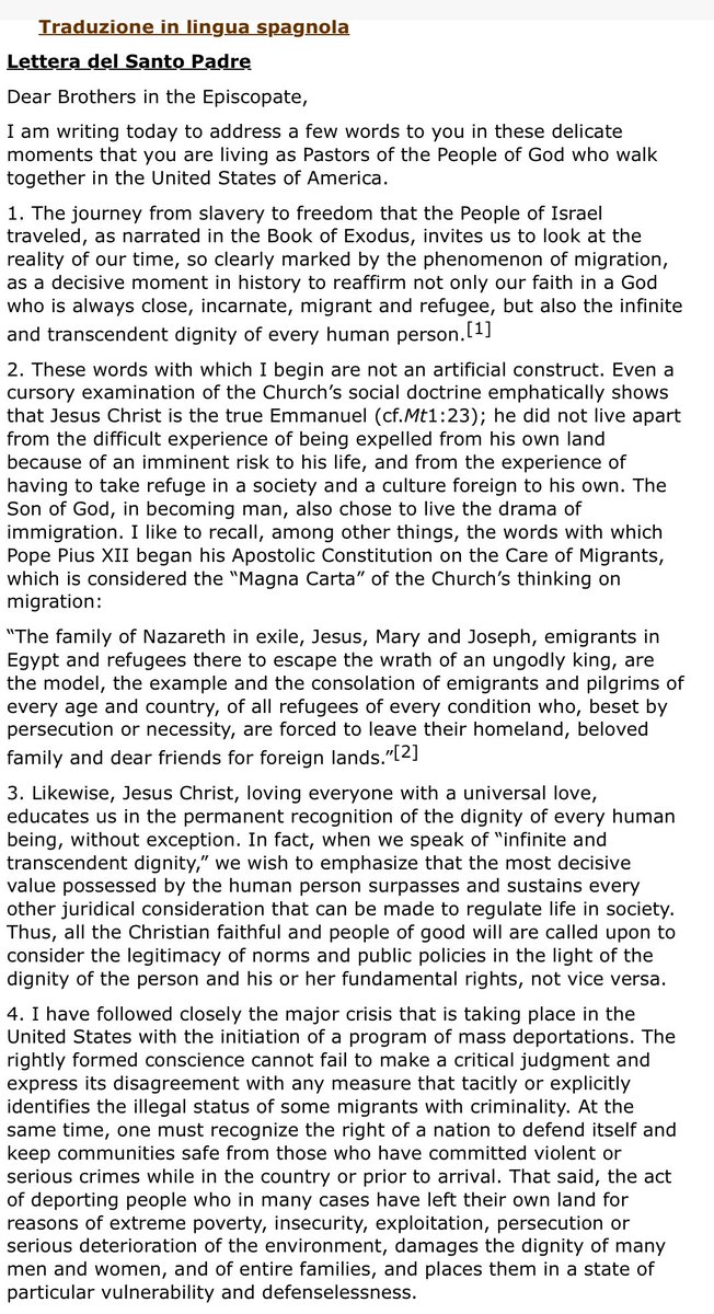 RichRaho's tweet image. MAJOR BREAKING: Pope Francis has written a letter to US Bishops saying he’s following “major crisis” of “mass deportations;” takes on Vance saying “The true ordo amoris that must be promoted is that which we discover by meditating constantly on the parable of the “Good Samaritan”