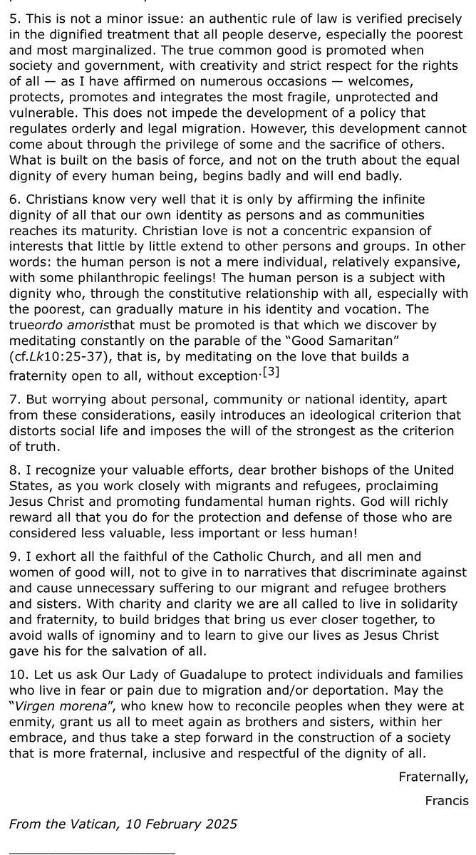 MAJOR BREAKING: Pope Francis has written a letter to US Bishops saying he’s following “major crisis” of “mass deportations;” takes on Vance saying “The true ordo amoris that must be promoted is that which we discover by meditating constantly on the parable of the “Good Samaritan”