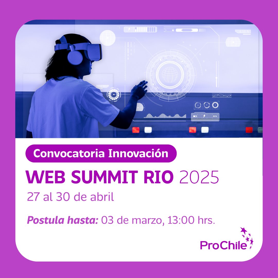 ¡Atención empresas de base tecnológica chilenas! 🇨🇱 

ProChile invita a participar en el Web Summit Río 2025 del 27 al 30 de abril en Río de Janeiro. 🌍 Una oportunidad única para conectar con ecosistemas de innovación globales.

Más info aquí → bit.ly/4gu8utu 🚀📊
