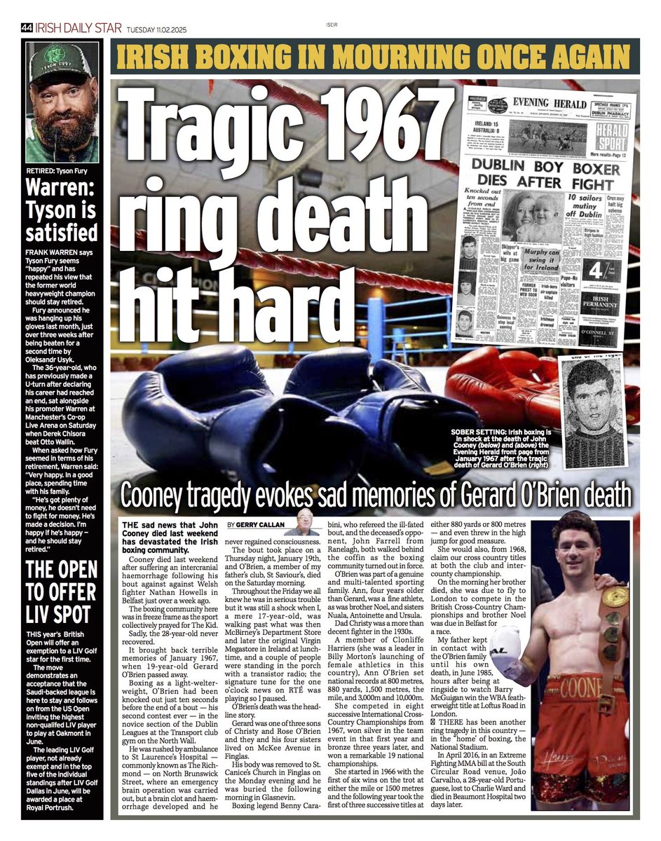 David Coughlan (@davidcoughlan_) on Twitter photo Powerful piece by Gerry Callan in today’s <a href="/isfearranstar/">Irish Daily Star</a> about the late John Cooney and Gerry’s memories of Gerard O’Brien’s tragic death in the ring in 1967. Powerful piece by Gerry Callan in today’s <a href="/isfearranstar/">Irish Daily Star</a> about the late John Cooney and Gerry’s memories of Gerard O’Brien’s tragic death in the ring in 1967.