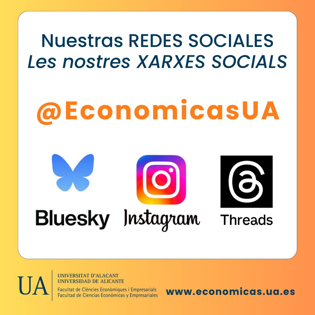 EconomicasUA (@economicasua) on Twitter photo ❌ La cuenta de X/Twitter de <a href="/EconomicasUA/">EconomicasUA</a> dejará de estar activa en breve. A partir de ahora, toda la información y novedades estarán disponibles en:
📌 1⃣ Bluesky
📌 2⃣ Instagram
📌 3⃣ Threads
✨ Os invitamos a seguirnos en estas plataformas para no perderos nada 🚀 ❌ La cuenta de X/Twitter de <a href="/EconomicasUA/">EconomicasUA</a> dejará de estar activa en breve. A partir de ahora, toda la información y novedades estarán disponibles en:
📌 1⃣ Bluesky
📌 2⃣ Instagram
📌 3⃣ Threads
✨ Os invitamos a seguirnos en estas plataformas para no perderos nada 🚀