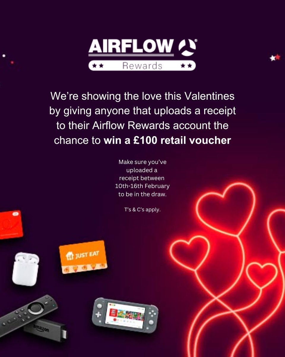 💖 Valentine's Day Giveaway! 💖

We’re showing the love this February! Upload a receipt to your Airflow Rewards account between 10th-16th February for your chance to WIN a £100 retail voucher! 🛍️✨

Visit Airflow.com to register for your free account!

#AirflowRewards