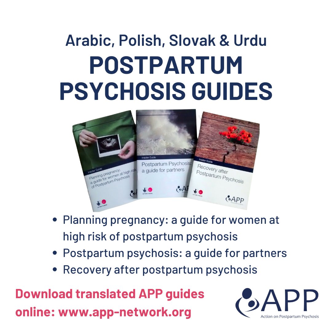 Action on Postpartum Psychosis (@actiononpp) on Twitter photo Three APP guides – Planning pregnancy: a guide for women at high risk of postpartum psychosis (PP); PP: a guide for partners; and Recovery after PP – are available in Arabic, Polish, Slovak and Urdu. 
Find out more and download them for free here: ow.ly/mCxc50UTaEp Three APP guides – Planning pregnancy: a guide for women at high risk of postpartum psychosis (PP); PP: a guide for partners; and Recovery after PP – are available in Arabic, Polish, Slovak and Urdu. 
Find out more and download them for free here: ow.ly/mCxc50UTaEp