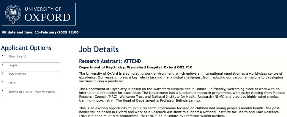 Willem Kuyken (@willemkuyken) on Twitter photo Job Opportunity: Research Assistant.
Join our team <a href="/OMC_mindfulness/">University of Oxford Mindfulness Research Centre</a> <a href="/OxPsychiatry/">Oxford Psychiatry</a> to support an #MBCT #RCT study of young people’s mental health.
📍 Based in Oxford, hybrid work available
📆 10-month post, apply by Feb 25!
🔗 my.corehr.com/pls/uoxrecruit… Job Opportunity: Research Assistant.
Join our team <a href="/OMC_mindfulness/">University of Oxford Mindfulness Research Centre</a> <a href="/OxPsychiatry/">Oxford Psychiatry</a> to support an #MBCT #RCT study of young people’s mental health.
📍 Based in Oxford, hybrid work available
📆 10-month post, apply by Feb 25!
🔗 my.corehr.com/pls/uoxrecruit…
