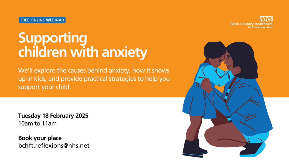 🌟 Free webinar for Wolverhampton parents! 🌟

Join us on Tuesday 18 February 2025, from 10am to 11am to learn how to support children with anxiety. Hosted by the Reflexions team at Black Country Healthcare NHS Trust.

🔗Book your place: ow.ly/SBTh50UXmP3