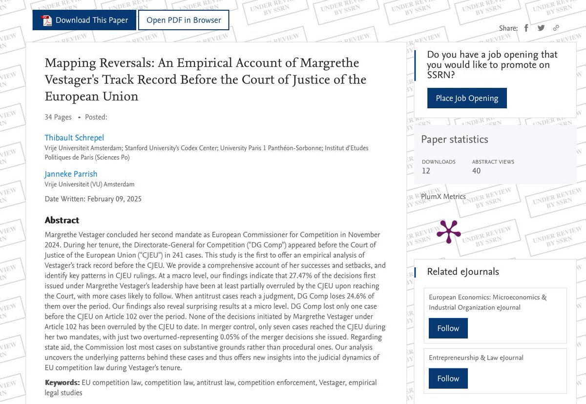 NEW working paper entitled “Mapping Reversals: An Empirical Account of Margrethe Vestager's Track Record Before the Court of Justice of the European Union” (link in the comment section)

Janneke Parrish and I offer an empirical analysis (+ full access to our database) of all the
