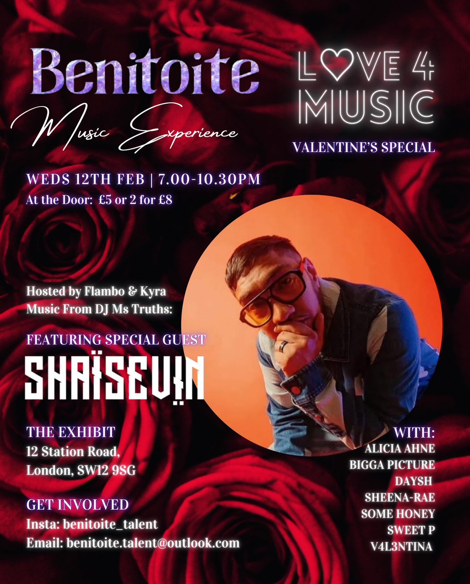 SComplexMusic's tweet image. 🚨 TOMORROW NIGHT! 🚨

Shai Sevin is the SPECIAL GUEST at Benitoite Music Experience: Valentine’s Special! 💜🎤

🗓 Wed, 12th Feb
⏰ 7-10:30 PM
📍 The Exhibit, London

🎟 £5 or 2 for £8 at the door. Don’t miss it! 🔥