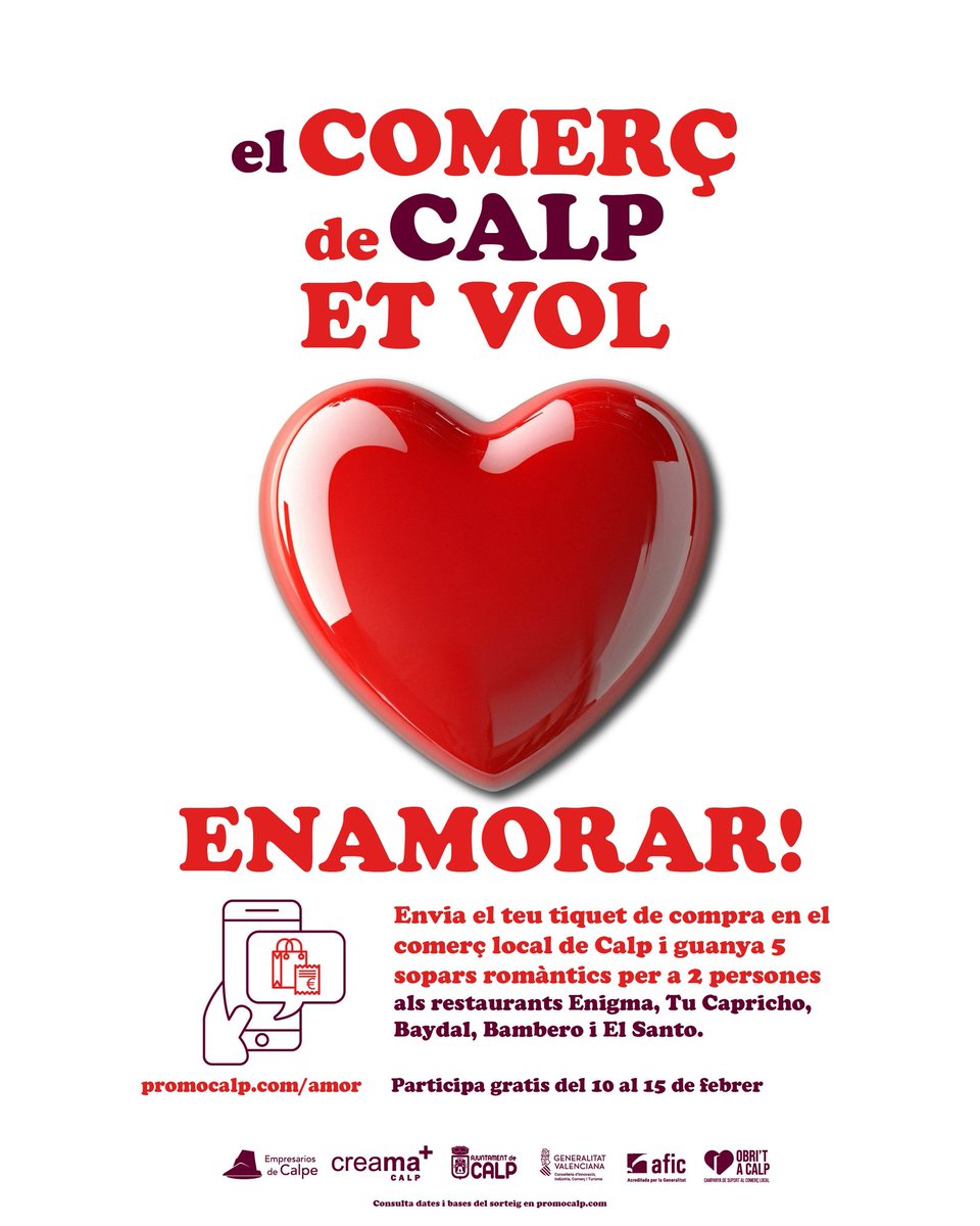 creama_org's tweet photo. 💘✨El comerç de Calp et vol enamorar… i també convidar-te a sopar!🍽️💖
Compra del 10 al 15 de febrer al comerç local i participa en el sorteig d'un sopar per a dos persones valorat en 100 €, aportat per l’Associació “Empresarios de Calpe” (AEMCO).
#CreamaCalp @calp_ayto https://t.co/f2E6jvgbSP
