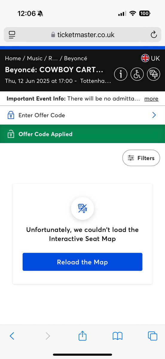 IAmBecky_'s tweet photo. @TicketmasterCS interactive seat map not working on mobile or laptop device!!! What is going on?! I was in and now I won’t get tickets! https://t.co/TxOuvgCMek