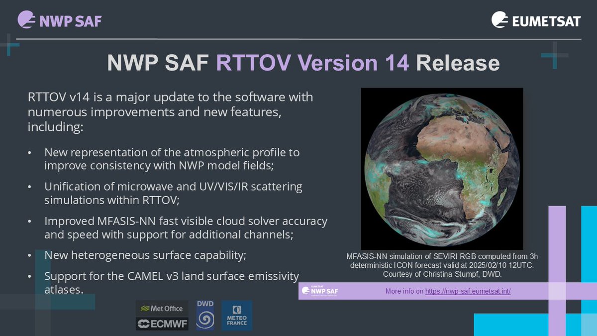 🔥 📢After nearly 5 years of intense efforts, the <a href="/NWP_SAF/">NWP SAF</a> teams are releasing today the latest major version of RTTOV (v14) 🌍🛰️ 
Great job <a href="/metoffice/">Met Office</a> <a href="/meteofrance/">Météo-France</a> <a href="/ECMWF/">ECMWF</a> <a href="/DWD_presse/">DWD</a>
More info on: 
nwp-saf.eumetsat.int/site/rttov-v14…