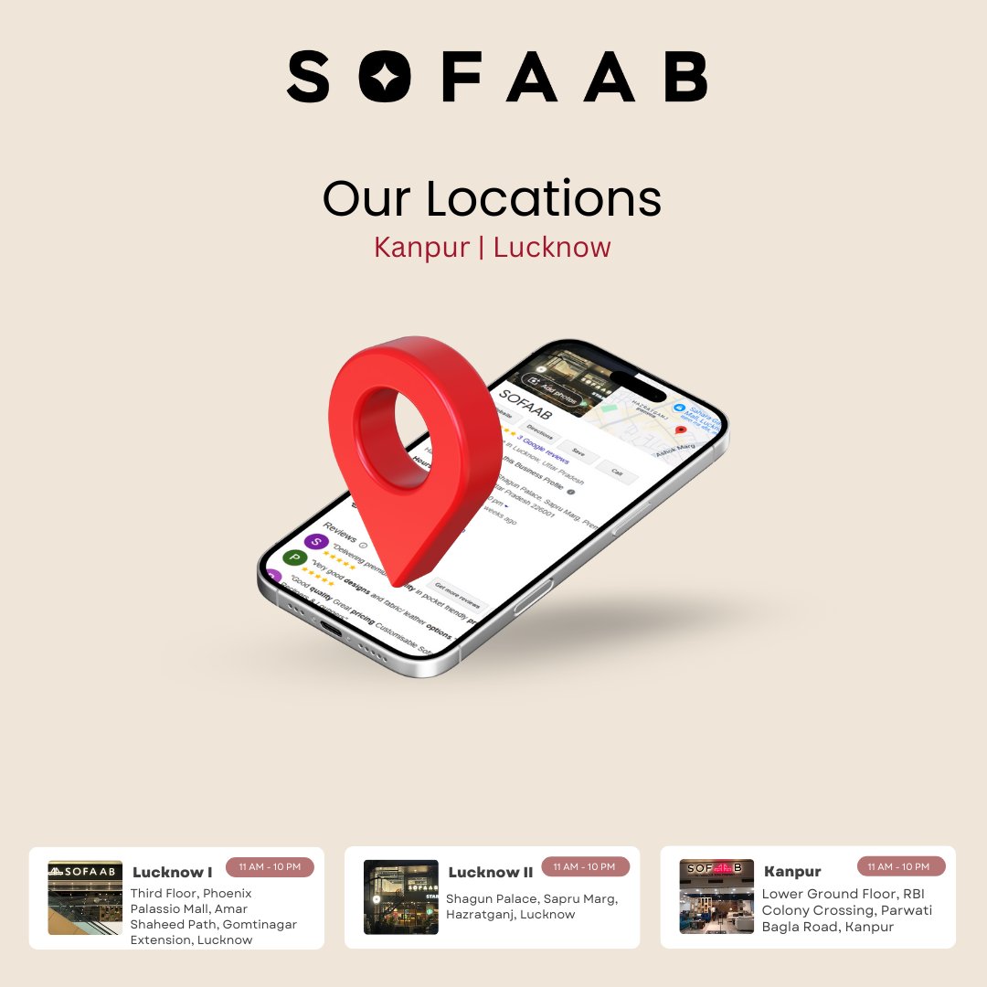 SOFAAB_com's tweet image. 🌟 Looking for the perfect piece to elevate your home? Visit us at one of our 3 locations in Lucknow &amp;amp; Kanpur! 🎉

🛋️ Customize your dream sofa, loungers, recliners, chairs, corner sofas, and ottomans to match your unique style and comfort needs.

#FurnitureShopping #CustomSofas