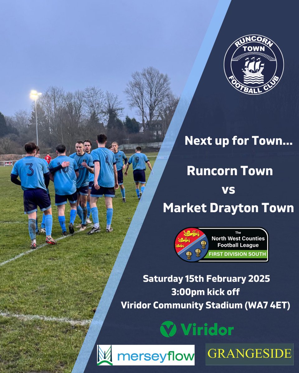 Next up…

🆚 Runcorn Town vs <a href="/MDTFC/">Market Drayton Town FC</a> 

📆 Saturday 15th February

🕢 3:00pm

🏆 NWCFL Div 1 South

📍Viridor Community Stadium, Sandy Lane, Weston Point. WA7 4ET.

🎟️ £7 Adults, £4 Concessions, Under 16 FREE!

📖 Printed programme available