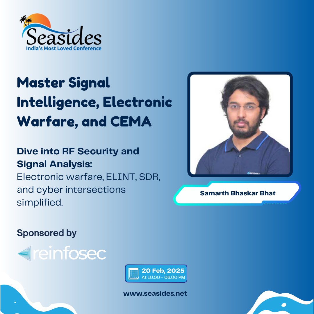 🔍 Seasides Conference 2025 – Hands-on Training in Signal Intelligence &amp; Electronic Warfare 
Cyber meets spectrum! Join us for an exclusive hands-on training exploring the intersection of Electronic Warfare (EW), Signal Intelligence (SIGINT), and Cyber Electromagnetic Activities