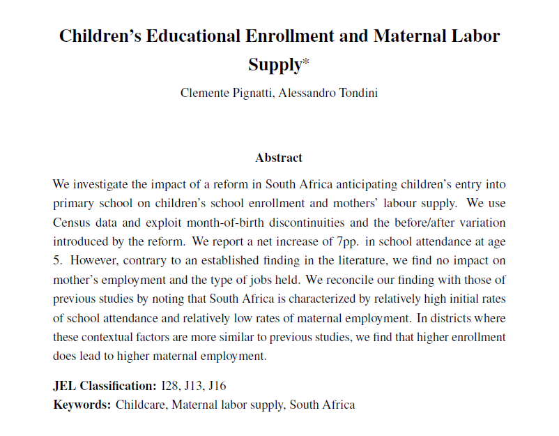 Clemente Pignatti (@clpignatti) on Twitter photo In a new WP with <a href="/aletondini/">Alessandro Tondini</a>, we study the effects of increasing children's school enrollment on maternal labor supply. Differently from most previous studies, we find zero effects on both mothers' employment chances and working conditions. Why?🧵 In a new WP with <a href="/aletondini/">Alessandro Tondini</a>, we study the effects of increasing children's school enrollment on maternal labor supply. Differently from most previous studies, we find zero effects on both mothers' employment chances and working conditions. Why?🧵