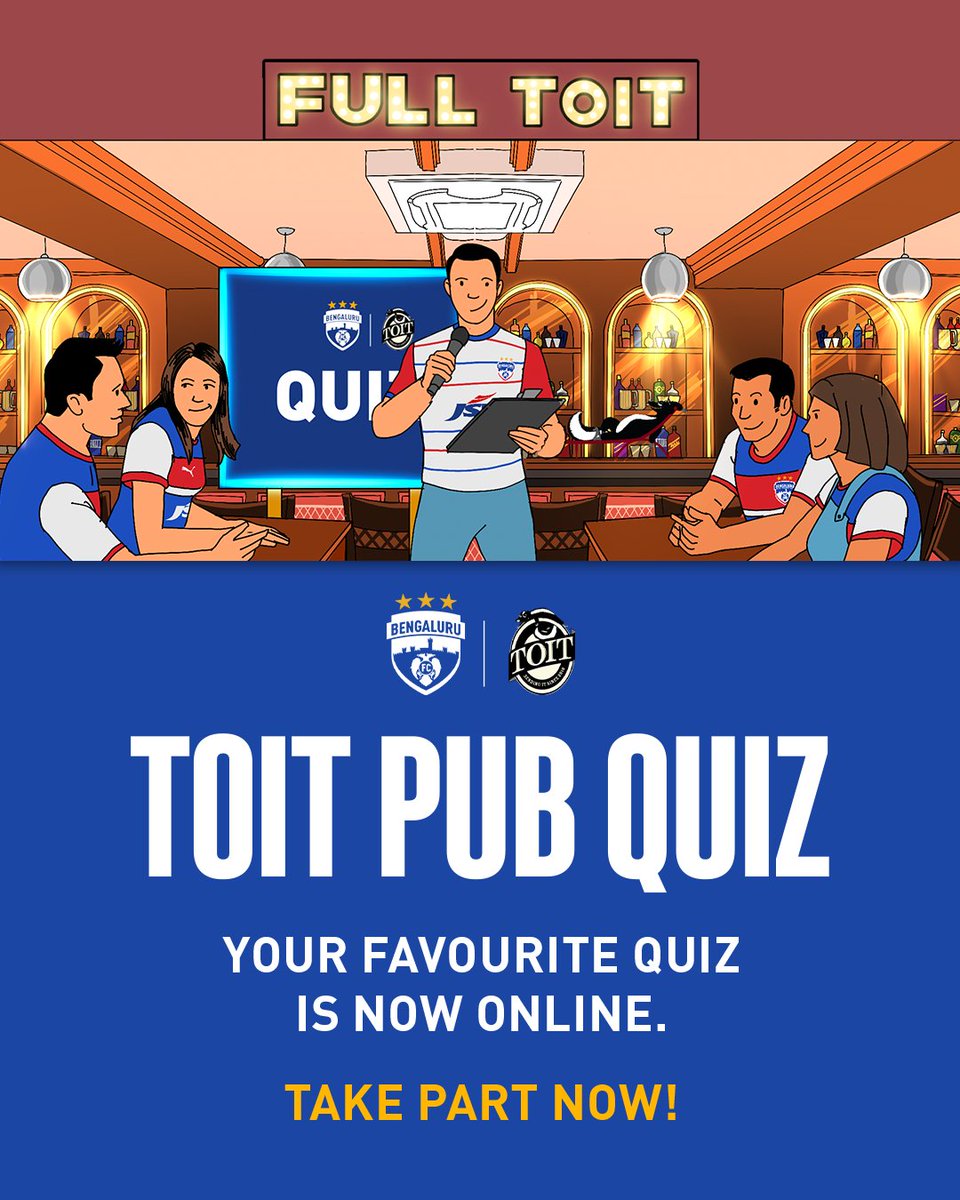 bengalurufc's tweet photo. Bengaluru, it's time to go #FullToit again! 🔥 Get those thinking caps on and take part in the TOIT BFC Pub Quiz, now in its newest avatar. 💻

This is your chance to win exclusive merchandise, and a spot in the Grand Finalé! 🤩 

Click here: https://t.co/w9gFdpLp6g 

#ToitxBFC #WeAreBFC #PubQuiz @toitbeerco