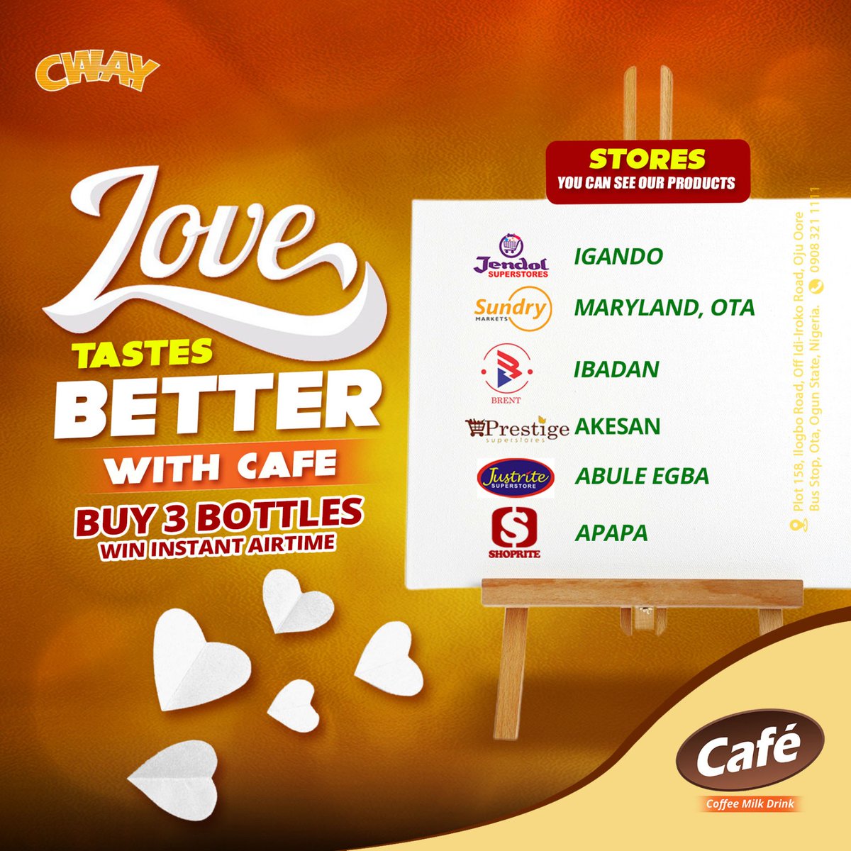cwaycafecoffee's tweet photo. The #CafeCoffeeValentines is ON🏁 and we’re serving up some Valentines joy with free airtime ₦!  

Here’s your chance to sip, snap, and WIN:
1️⃣: Like this post and follow @cwaycafecoffee on socials.
2️⃣: Purchase Café Coffee Milk Drink from any of these stores. https://t.co/fvygvCxQZl