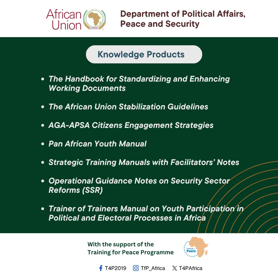 Training For Peace (@t4pafrica) on Twitter photo ๐๐ Excited to announce the official launch of 7 knowledge products. #TfP supported the devโt of 5 out of the 7 products as part of its instnโal support to @_African Union. <a href="/NorwayMFA/">Norway MFA</a> <a href="/NorwayAU/">Norway | African Union</a>ย <a href="/DawitYK/">Dawit Yohannes</a> ๐๐ Excited to announce the official launch of 7 knowledge products. #TfP supported the devโt of 5 out of the 7 products as part of its instnโal support to @_African Union. <a href="/NorwayMFA/">Norway MFA</a> <a href="/NorwayAU/">Norway | African Union</a>ย <a href="/DawitYK/">Dawit Yohannes</a>