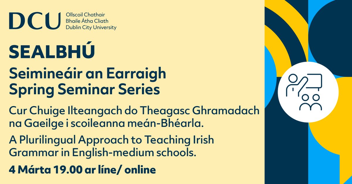 SEALBHĂ (@sealbhu) on Twitter photo A Chairde,
BĂgĂ linn don seimineĂĄr seo faoin nGaeilge & an
t-ilteangachas!
Join us for this seminar about Irish & Plurilingualism!
4/3/25 ar lĂne
ClĂĄraigh: shorturl.at/ewQb0
<a href="/DCU/">Dublin City University</a> <a href="/FiontarGaeilge/">Fiontar & Scoil na Gaeilge (DCU)</a> <a href="/DCU_IoE/">DCU Institute of Education</a> <a href="/CoggOid/">COGG Oideachas</a> <a href="/GaelLinn/">Gael Linn</a> A Chairde,
BĂgĂ linn don seimineĂĄr seo faoin nGaeilge & an
t-ilteangachas!
Join us for this seminar about Irish & Plurilingualism!
4/3/25 ar lĂne
ClĂĄraigh: shorturl.at/ewQb0
<a href="/DCU/">Dublin City University</a> <a href="/FiontarGaeilge/">Fiontar & Scoil na Gaeilge (DCU)</a> <a href="/DCU_IoE/">DCU Institute of Education</a> <a href="/CoggOid/">COGG Oideachas</a> <a href="/GaelLinn/">Gael Linn</a>