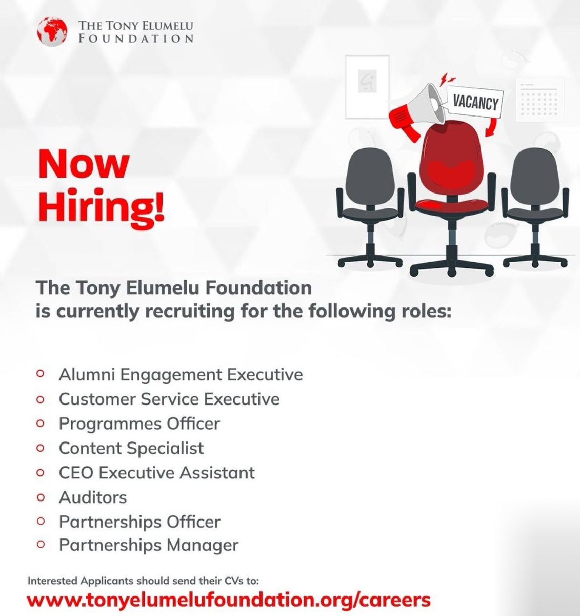 ThePersonnelHub's tweet photo. The Tony Elumelu Foundation is hiring!
Check out the flyer attached

#career 
#hiring 
#auditors
#customerservice
#partnershipmanager
#vacancy 
#contentcreator
#executiveassistant https://t.co/JxkudMsHDN