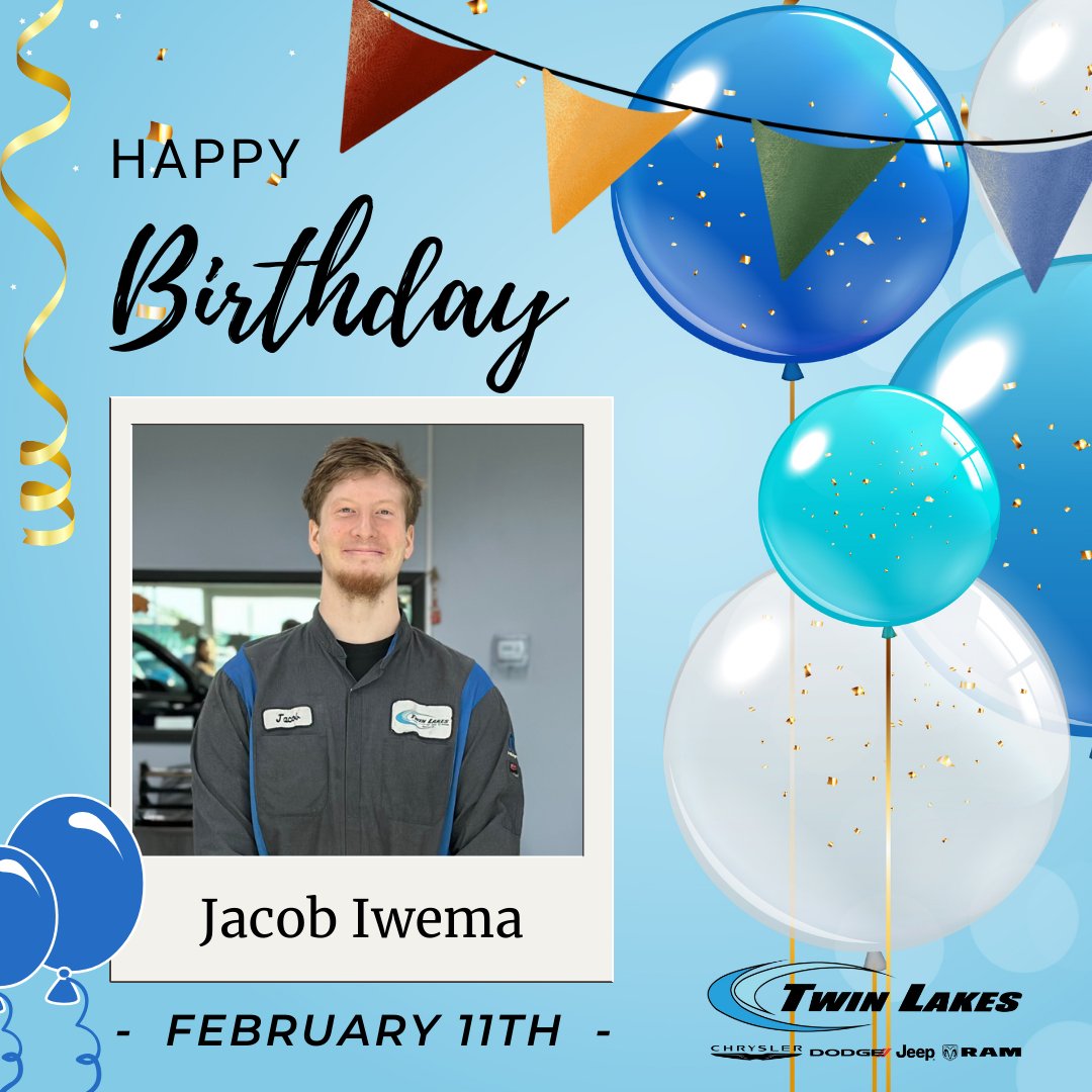 TwinLakesCDJR's tweet photo. 🎉 Happy Birthday, Jacob Iwema! 🎉

Join us in wishing a fantastic birthday to Jacob, one of our talented Service Technicians! His hard work and dedication help keep our customers on the road every day.

Hope you have a great day, Jacob! 🎂🎈

#HappyBirthday #TeamTwinLakesCDJR https://t.co/Kd533GC5fj