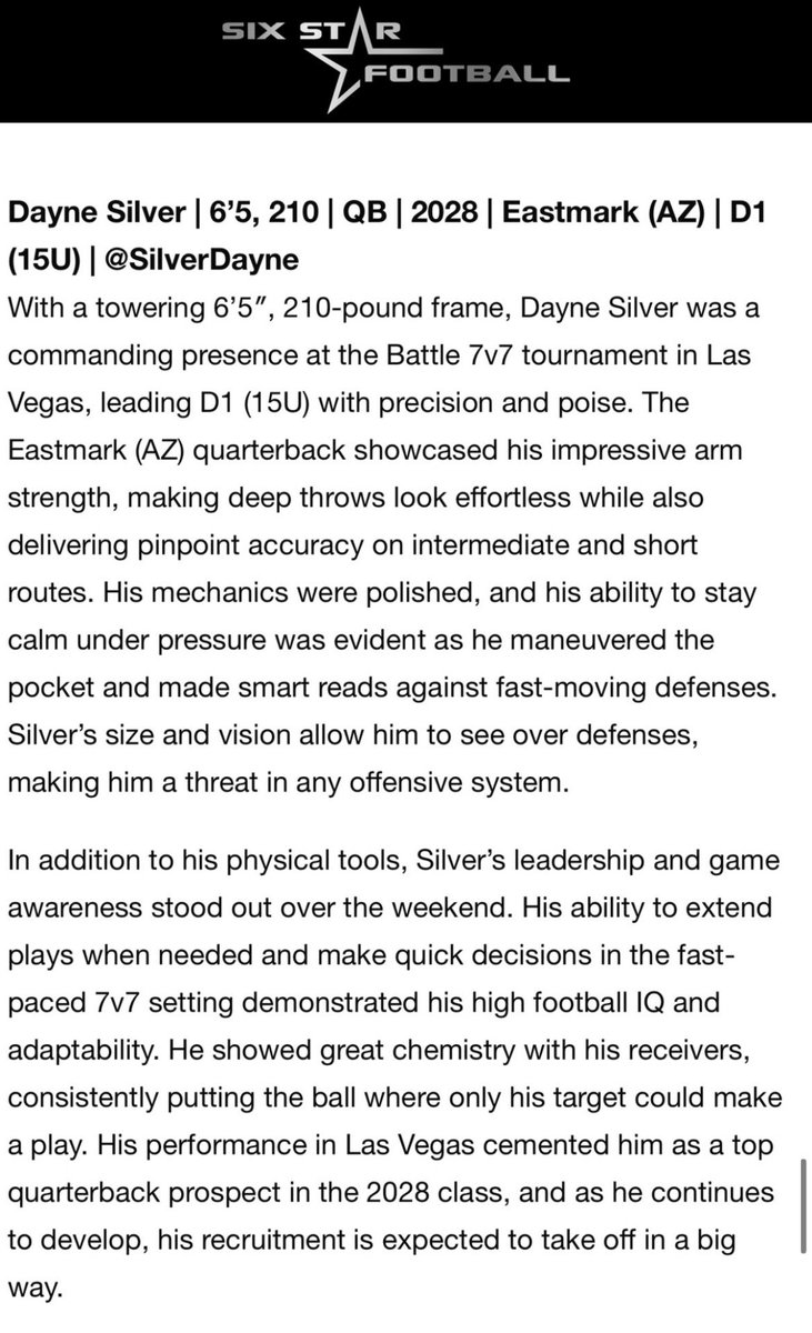 Thank you for the mention! <a href="/sixstarfootball/">Six Star Football | PLUS+</a> <a href="/5starD1/">D1 5Star⭐️</a> <a href="/Eastmark_FB/">Eastmark HS Firebirds Football</a> <a href="/Lyons_J6654/">Coach Lyons</a> <a href="/DemetricDWarren/">Demetric D. Warren</a> <a href="/BlairAngulo/">Blair Angulo</a> <a href="/BrandonHuffman/">Brandon Huffman</a>