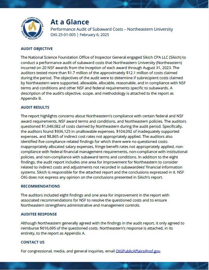 New Report: "Performance Audit of Subaward Costs – Northeastern University. OIG Report No. 25-01-005, issued February 6, 2025" (oig.nsf.gov/reports/audit/…)