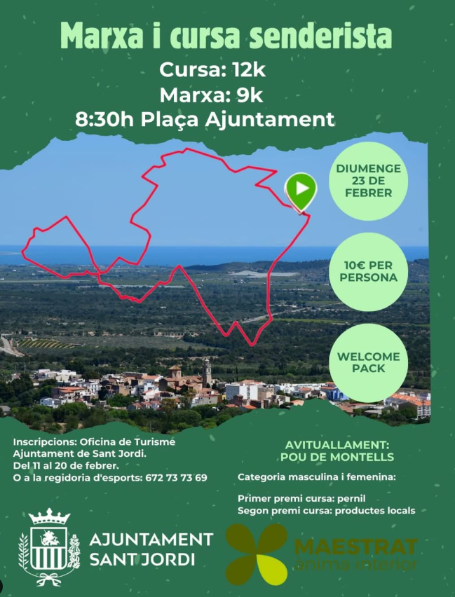 👟🌳Marxa i cursa  a Sant Jordi
📆23/02
📍Inscripcions: Oficina de Turisme  i ajuntament, del 11 al 20 de febrer
És temps de Maestrat!

👟🌳Marcha y carrera  en Sant Jordi
📆23/02
📍Inscripciones: Oficina de Turismo y ayuntamiento, del 11 al 20 de febrero
¡Es tiempo de Maestrat!