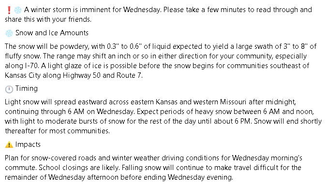NickBenderKMBC's tweet photo. ❗❄️ A winter storm is imminent for Wednesday. Please take a few minutes to read through and share this with your friends. @kmbc https://t.co/TDU7Xbuduj