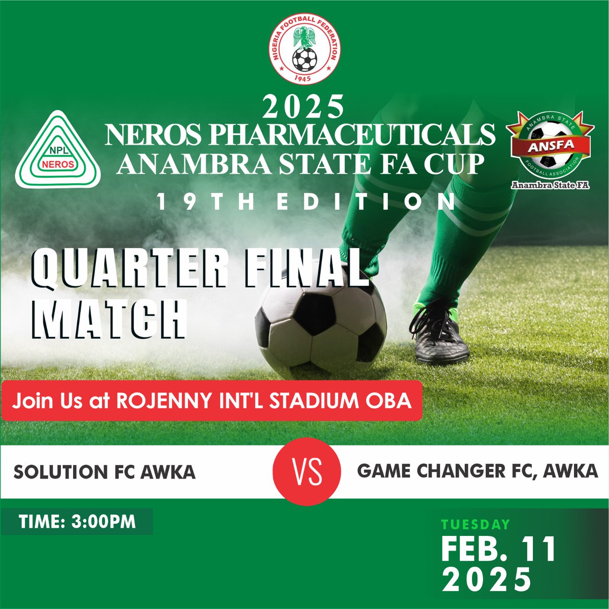 Quarter Finals start today.
The champions begin their defense. 

#NerosPharmAnambraFACup