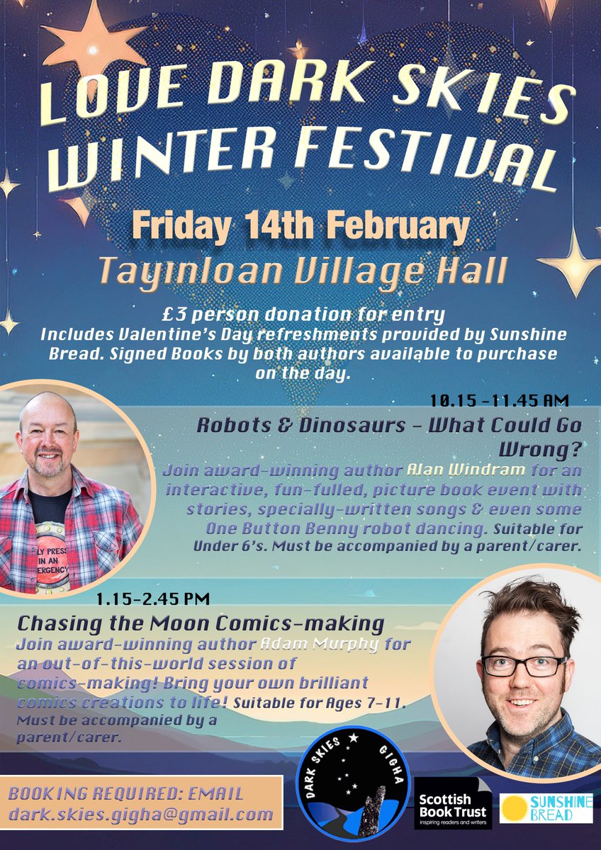 Little Door Books (@littledoorbooks) on Twitter photo Our very own <a href="/akwindram/">Alan Windram</a> will be taking #OneButtonBenny to Tayinloan Village Hall at 10.15am this Friday 14th Feb
Lot's of Robot fun for 3 to 6 year olds, stories, songs and robot dancing.
Tix only £3, click the link or forward on to any friends :0)
eventbrite.co.uk/e/dark-skies-g… Our very own <a href="/akwindram/">Alan Windram</a> will be taking #OneButtonBenny to Tayinloan Village Hall at 10.15am this Friday 14th Feb
Lot's of Robot fun for 3 to 6 year olds, stories, songs and robot dancing.
Tix only £3, click the link or forward on to any friends :0)
eventbrite.co.uk/e/dark-skies-g…