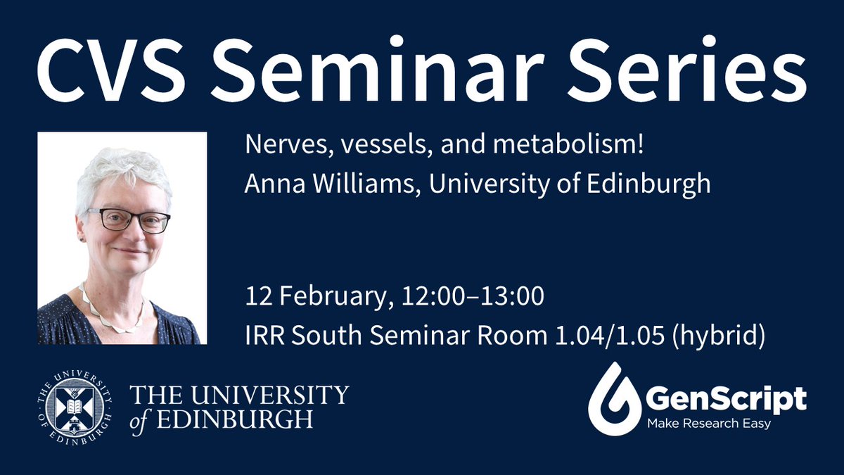 EdinUniCVS (@edinunicvs) on Twitter photo Don’t miss this week’s CVS Seminar with Anna Williams, who will talk about nerves, vessels, and metabolism!
🗓️ 12 February, 12:00–13:00
IRR South Seminar Room 1.04/1.05 <a href="/EdinburghBQ/">Edinburgh BioQuarter</a>
Join on Teams ➡️ edin.ac/40Ft2L0 Don’t miss this week’s CVS Seminar with Anna Williams, who will talk about nerves, vessels, and metabolism!
🗓️ 12 February, 12:00–13:00
IRR South Seminar Room 1.04/1.05 <a href="/EdinburghBQ/">Edinburgh BioQuarter</a>
Join on Teams ➡️ edin.ac/40Ft2L0