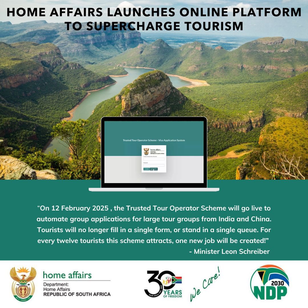 Leon_Schreib's tweet photo. Tomorrow at 8am, our groundbreaking digital platform for the Trusted Tour Operator Scheme goes live! In less than 6 months, #TeamHomeAffairs has delivered on our pledge to supercharge group tourism from China and India. 

Before TTOS, the combined 2.8 billion people of India and China had to visit one of only two missions in either country to apply for a tourist visa - and large tour groups struggled to obtain visas at all. 

From tomorrow, our TTOS platform enables vetted tour operators to submit online group applications and receive the outcome digitally within 3 days. No more travelling to a mission, no more paper forms, no more queues, and no more delaying job creation.

I look forward to soon welcoming the first airplane of tourists who would otherwise not have come to our country due to visa struggles. Research shows that for every 12 new tourists facilitated through TTOS, one new job can be created.

The digital transformation of Home Affairs is creating jobs, jobs and more jobs! 🇿🇦