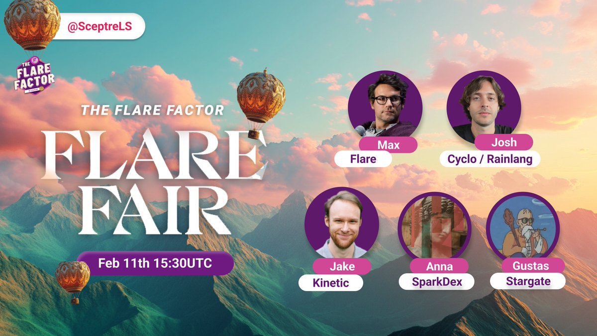 We are only 2 hours away from the biggest Flare Factor ever!

Here’s the all-star panel joining us to discuss The Flair Fair:

<a href="/maxluck95/">max ☀️</a> from <a href="/flarenetworks/">Flare ☀️</a> ☀️
<a href="/highonopium/">piru</a> from <a href="/cyclofinance/">CYCLO</a> ☀️
@0xAnna0 from <a href="/SparkDEXAI/">SparkDEX</a> ☀️
<a href="/Warlock_NKey/">WarlockNKey</a> from <a href="/Kinetic_Markets/">Kinetic.Market☀️</a> ☀️
Gustas from