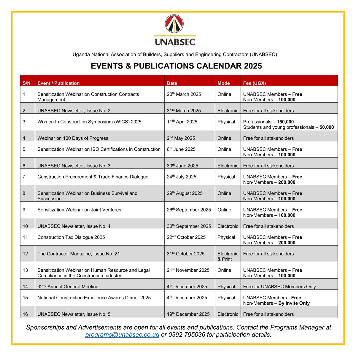 UNABSEC_UG's tweet image. Our 2025 Events &amp;amp; Publications Calendar is now available! 📆✨ Stay informed about key events and publication opportunities throughout the year.

🔹 Interested in sponsoring or attending an event?
🔹 Want to feature an advert or article in our publications?
📩 Contact us at…