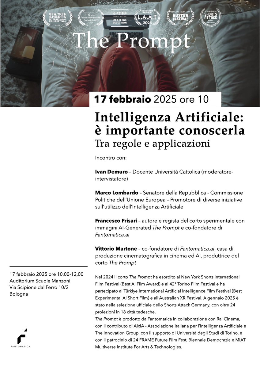 Ci vediamo con gli studenti del Manzoni di Bologna lunedì #17febbraio, per parlare di #IntelligenzaArtificiale e #Creatività, insieme al Senatore Marco Lombardo <a href="/mlombardo81/">Marco Lombardo</a> e a Ivan Demuro di <a href="/Unicatt/">Università Cattolica</a>.
#ThePrompt #ArtificialIntelligence #AIFilmmaking