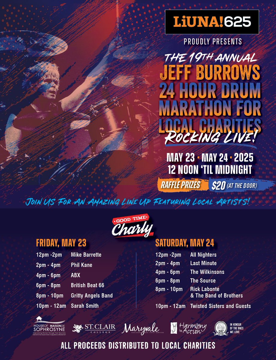 At last, I can announce the 19th Annual <a href="/liuna625/">LiUNA! 625</a> 24 Hour Drum Marathon! 
To make a DONATION click the link below. (<a href="/ActionHarmony/">Harmony In Action</a> is collecting on behalf of all charities) 
harmonyinaction.com/drumathon/