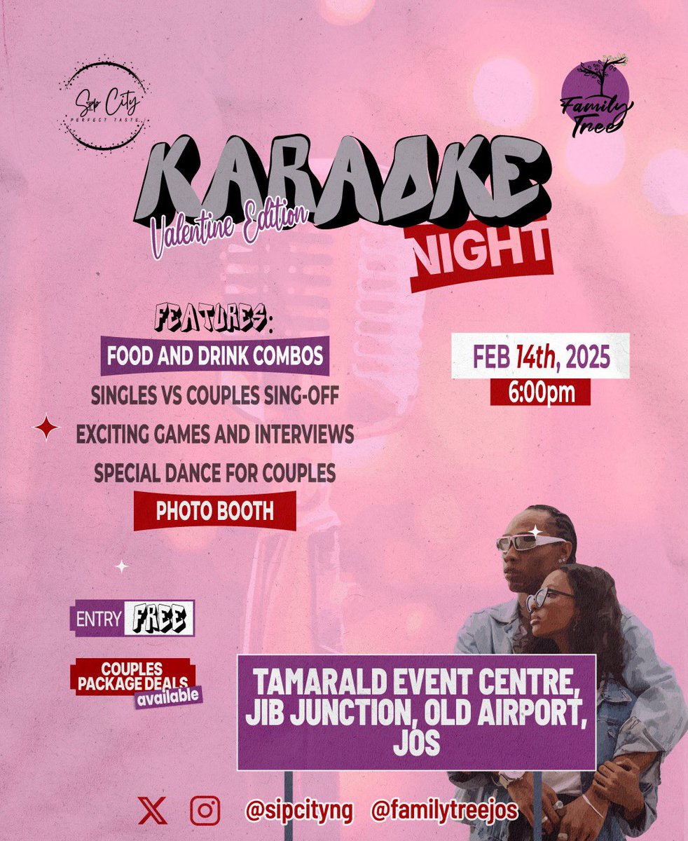 Ready to vibe this Valentine’s Day?❤️🎤 
Whether you’re single, taken, or “it’s complicated”, we’ve got the perfect night for you! Join us for an unforgettable Karaoke Night - Valentine Edition!
#KaraokeJos #ValentinesVibes #SipCity #FamilyTree #josevents #KaraokeNight #joscity