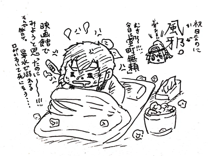 祝日なのに風邪を引いて、どんどん熱が上がってきました。あーぁ、結局一日中布団で横になったままです。 