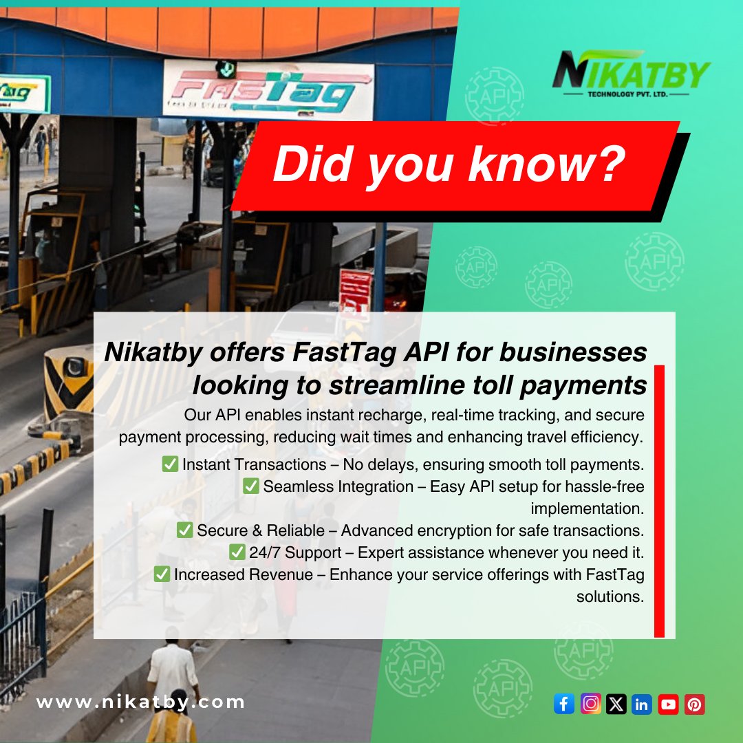 nikatby's tweet image. Streamline Toll Payments with Nikatby’s FastTag API! 🚗💨
Enable fast, secure, and hassle-free transactions for your customers.
⏩ nikatby.com
#FastTagAPI #niftycrash
#SupremeCourt
#Kolkata
#Sensex
#Punjab
#Hamas
#WPL2025
#VijayDeverakonda
