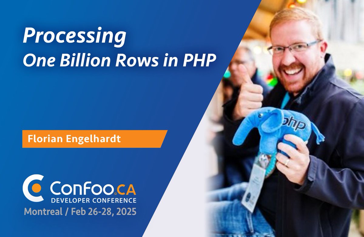 ConFoo Developer Conference (@confooca) on Twitter photo Can PHP handle 1 billion rows? 🐘💡 Join <a href="/realFlowControl/">Florian Engelhardt</a> at ConFoo this February for a thrilling dive into optimizing PHP for massive data processing! 🚀 buff.ly/3E2D6or Can PHP handle 1 billion rows? 🐘💡 Join <a href="/realFlowControl/">Florian Engelhardt</a> at ConFoo this February for a thrilling dive into optimizing PHP for massive data processing! 🚀 buff.ly/3E2D6or