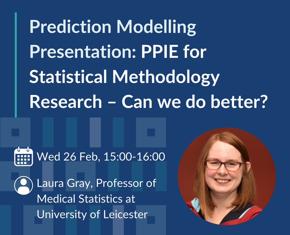 NIHRMaudsleyBRC's tweet image. ➡️Join our next Prediction Modelling presentation
🗓️Wed 26 Feb, 15:00-16:00, Online

Professor Laura Gray will share resources to aid those undertaking #PPIE for statistical methodology research, developed by the PPI-SMART group @uniofleicester.

kcl.ac.uk/events/ppie-fo…