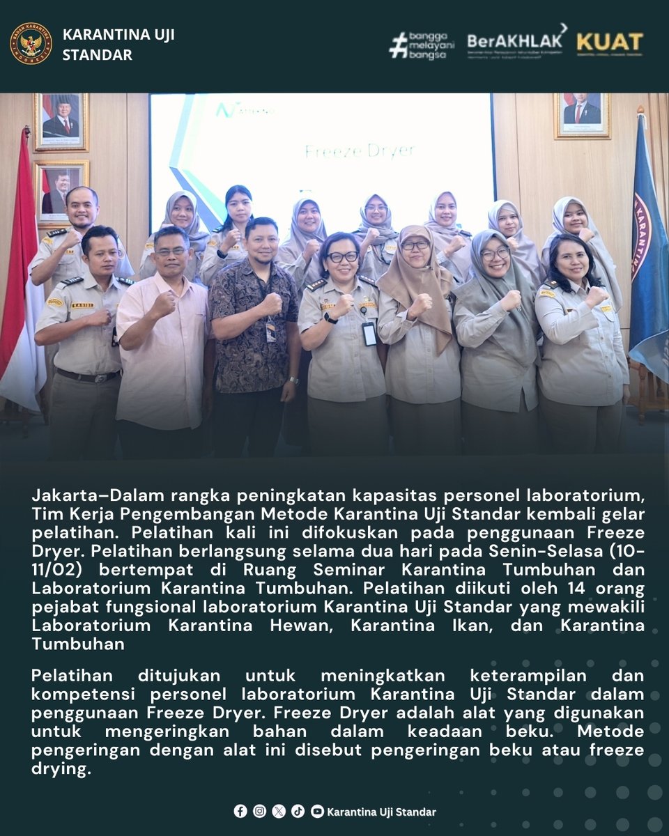 ujistandar's tweet photo. Halo SobatQ,
Pada Senin-Selasa (10-11/02), Tim Kerja Pengembangan Metode Karantina Uji Standar kembali gelar pelatihan. Pelatihan kali ini difokuskan pada penggunaan Freeze Dryer.
Yuk simak berita selengkapnya!
#karantinaujistandar
#labkarantina
#karantinakuat
#barantinkuat https://t.co/L2raDTsBYl