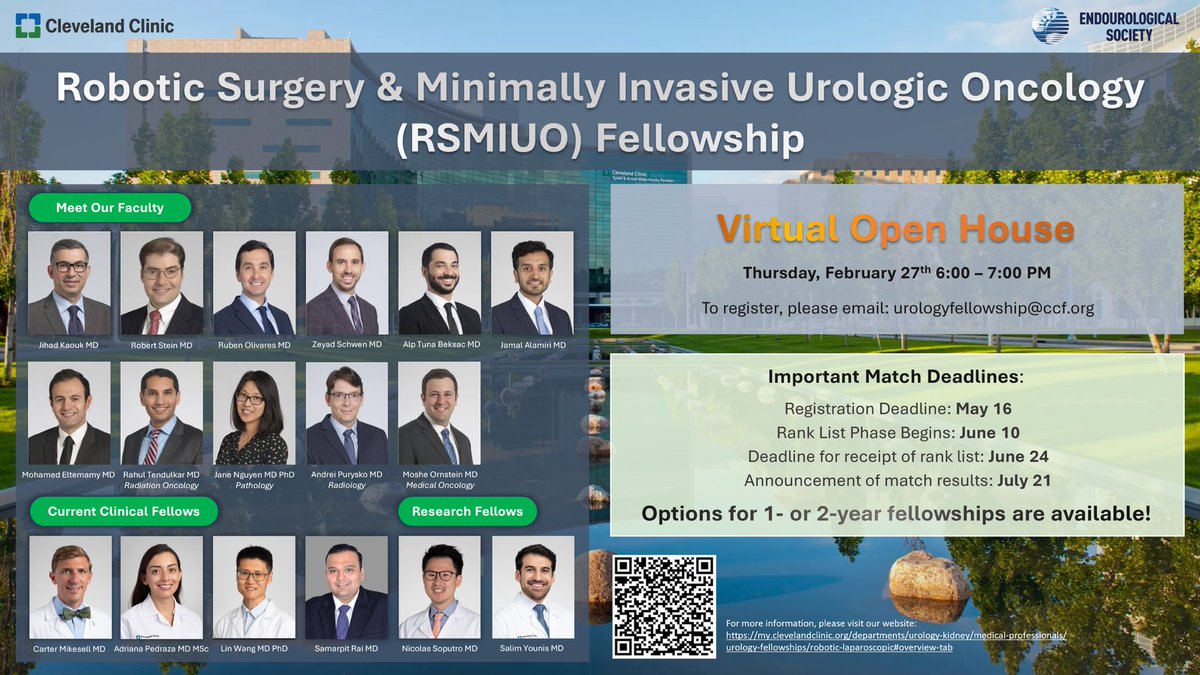 Zeyad Schwen MD (@zschwen) on Twitter photo 🚨🚨Apply for the <a href="/CleClinicUro/">Cleveland Clinic Urology</a> Robotic and MIS Urologic Oncology fellowship with <a href="/drjkaouk/">Dr. J. Kaouk</a> & MIS and Onc faculty <a href="/Endo_Society/">Endourological Society</a>
✅High volume robotic (SP & Xi) with focal therapy
✅1 or 2 year + research
Virtual open house 2/27 6PM email for link
Apply @ Endo society/AUA 🚨🚨Apply for the <a href="/CleClinicUro/">Cleveland Clinic Urology</a> Robotic and MIS Urologic Oncology fellowship with <a href="/drjkaouk/">Dr. J. Kaouk</a> & MIS and Onc faculty <a href="/Endo_Society/">Endourological Society</a>
✅High volume robotic (SP & Xi) with focal therapy
✅1 or 2 year + research
Virtual open house 2/27 6PM email for link
Apply @ Endo society/AUA