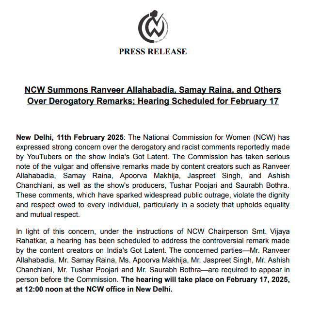 ANI's tweet photo. National Commission for Women (NCW) summons YouTuber Ranveer Allahabadia, Samay Raina, and others over derogatory remarks; hearing scheduled for February 17 https://t.co/m7Y9Xmez5q