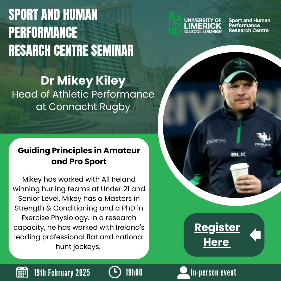 SHPRC (@sporthumanperf) on Twitter photo Next SHPRC Seminar 19th Feb <a href="/7pm/">Huong Le</a> in <a href="/PessLimerick/">PESS @ UL</a> with Dr Mikey Kiley, Head of Athletic Performance at <a href="/connachtrugby/">Connacht Rugby</a> & multiple All Ireland winner with <a href="/LimerickCLG/">Limerick GAA</a>. Seminar will cover 'Guiding Principles in Amateur and Pro Sport'. Register for FREE: eventmaster.ie/event/4RKwi4rF… Next SHPRC Seminar 19th Feb <a href="/7pm/">Huong Le</a> in <a href="/PessLimerick/">PESS @ UL</a> with Dr Mikey Kiley, Head of Athletic Performance at <a href="/connachtrugby/">Connacht Rugby</a> & multiple All Ireland winner with <a href="/LimerickCLG/">Limerick GAA</a>. Seminar will cover 'Guiding Principles in Amateur and Pro Sport'. Register for FREE: eventmaster.ie/event/4RKwi4rF…