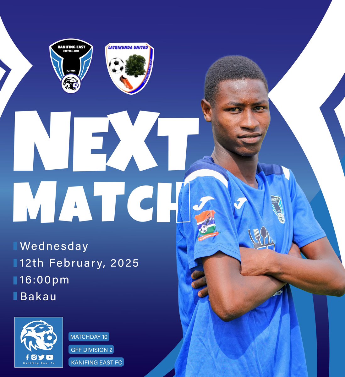NEXT MATCH ALERT! 🔥⚽

Tomorrow, Kanifing East FC takes on LatriKunda United in what promises to be an electrifying showdown! 💪🏾🔵

It’s Matchday 10 in the GFF Division 2, and we’re ready to give it our all on the pitch! Let’s bring the energy and show our support for the boys!