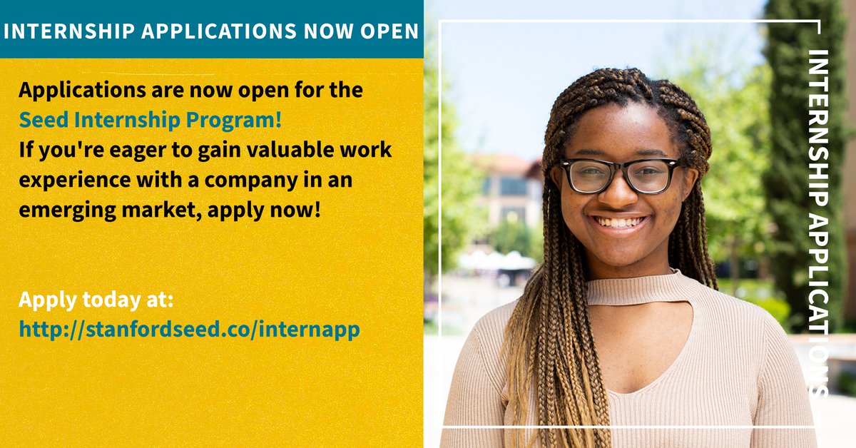 The Seed Internship Program is open for applications!

Calling all Stanford undergraduate and graduate students: this is your chance to gain valuable work experience with a company in an emerging market.

Learn more
stanfordseed.co/internapp

#StanfordIntern #Seedinternship